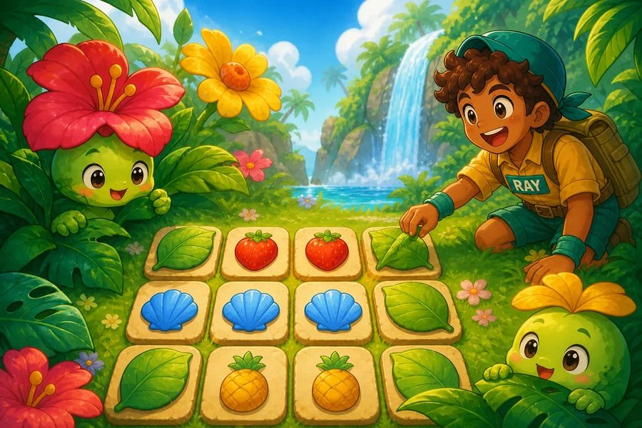 Ray matching fruit, leaf, and shell cards in a bright island garden