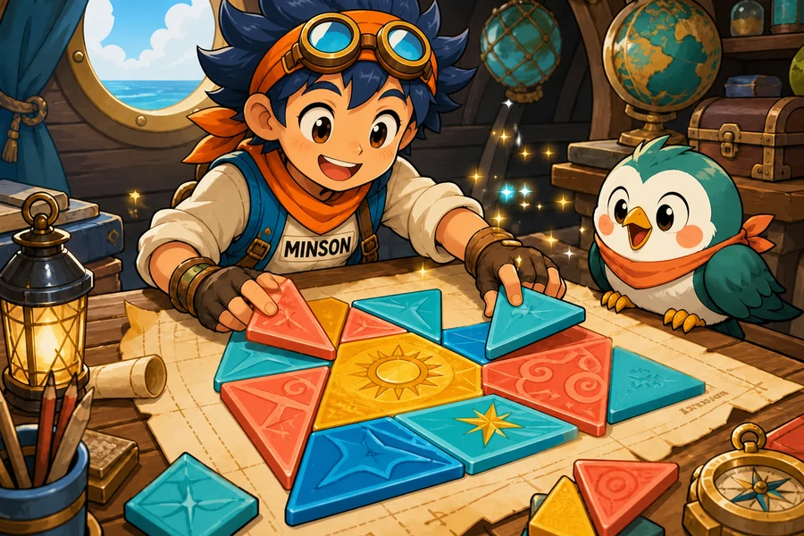 Minson and the friendly bird arranging colorful puzzle tiles on a map