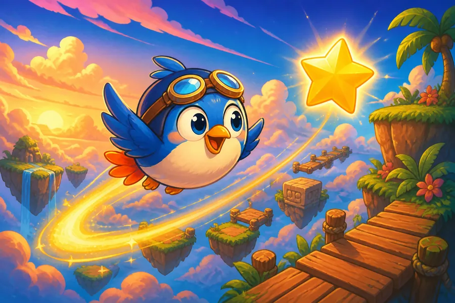 A cheerful bird racing through sky islands toward a glowing star