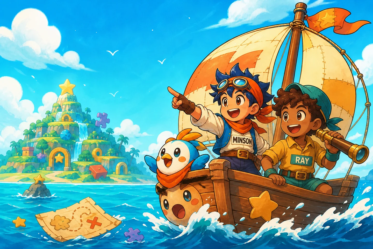 Minson and Ray sailing with their friendly bird toward a colorful game island